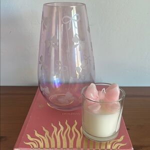 Pink Bow Etched Glass Vase and Candle Set